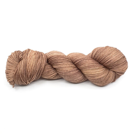 twisted skein of 4ply yarn in a caramel brown