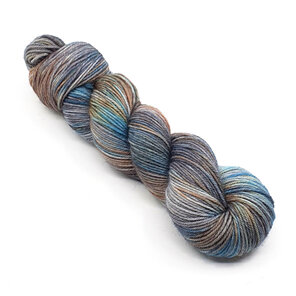 twisted skein of DK Bluefaced Leicester in grey, turquoise blue and brown hues