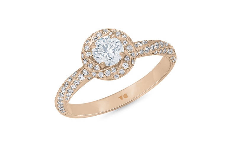 Twisted spiral halo diamond engagement ring design in rose gold