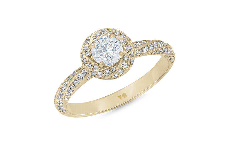 Twisted spiral halo diamond engagement ring design in yellow gold