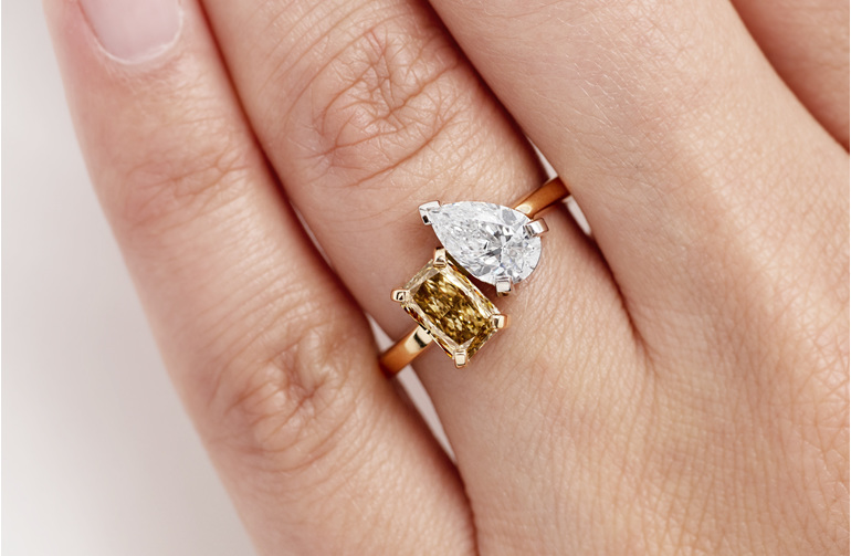 Two stone toi et moi long radiant cognac diamond pear cut engagement ring