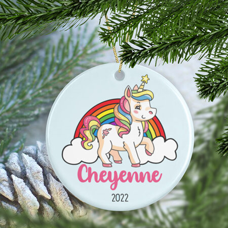 Unicorn & Rainbow Personalised Ceramic Christmas Ornament