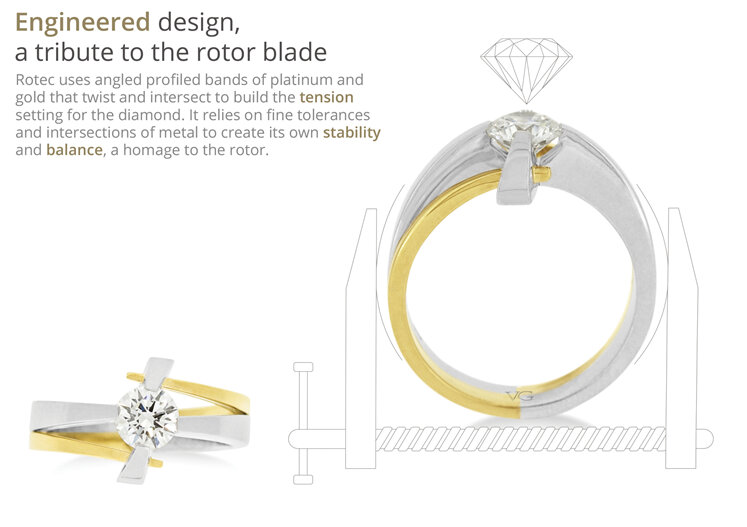 unique tension set diamond ring design from different angles