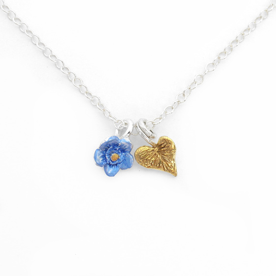 valentine heart gold sterling silver forget me not flower blue necklace