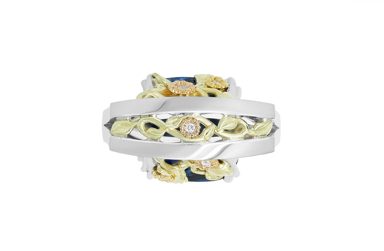 Vine filigree flower diamond and sapphire ring design handcrafted jeweller craft
