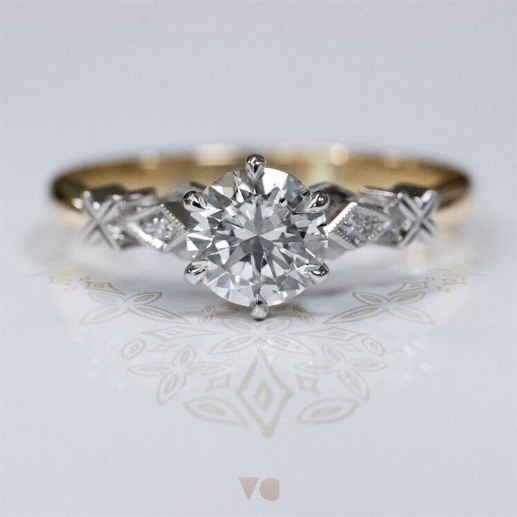 vintage diamond solitaire ring milgrain edge celtic details 18ct yellow gold