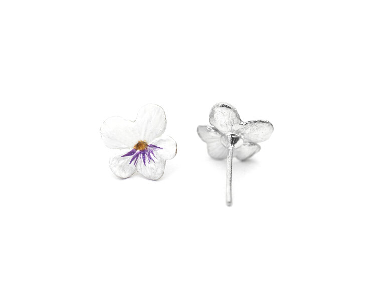 violet flower studs pansy white nature handmade silver earrings lily griffin nz