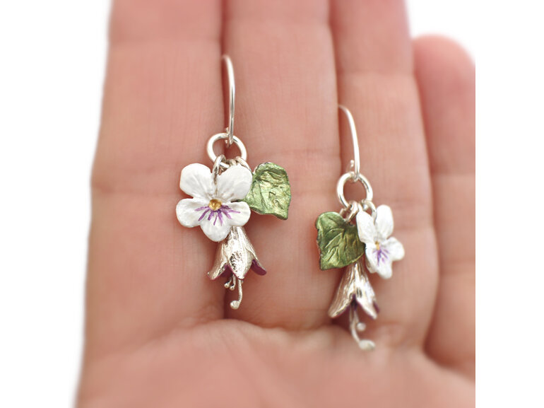 violet fuchsia floral pansy flowers sterling silver earrings nz jewellery