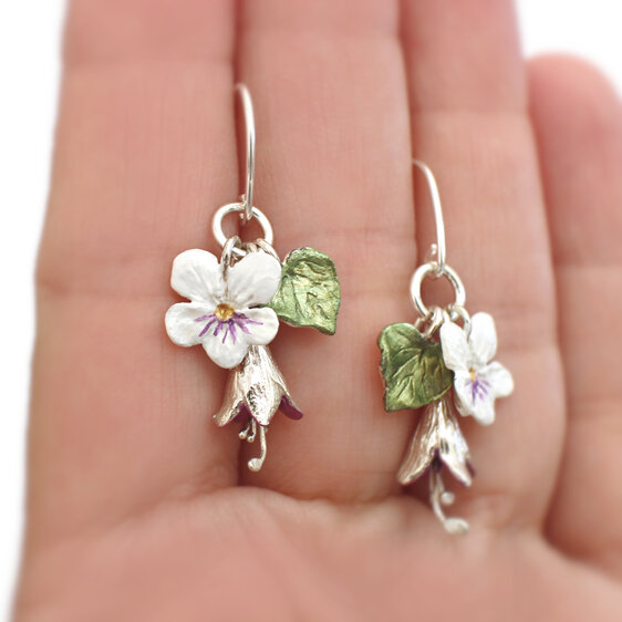 violet fuchsia floral pansy flowers sterling silver earrings nz jewellery
