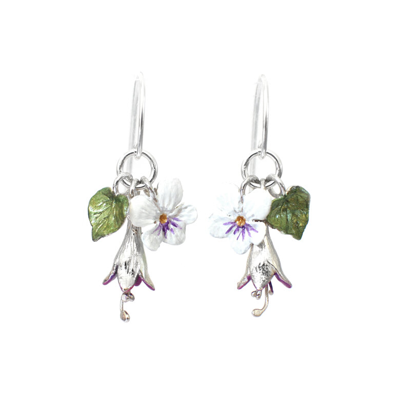 violet kawakawa fuchsia kotukutuku pansy flowers bouquet earrings nz handmade