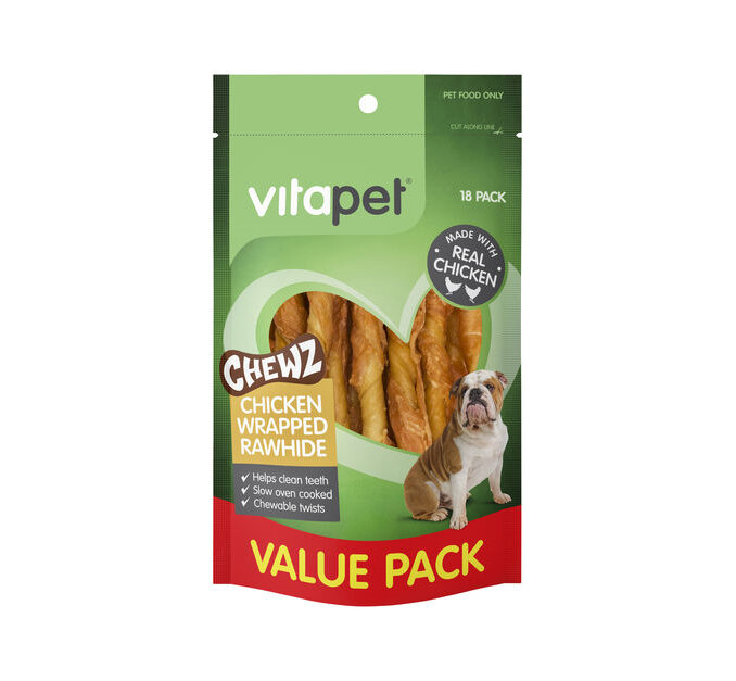 VitaPet Chewz Dog Treats Chicken Wrapped Rawhide Twists 18 Pack