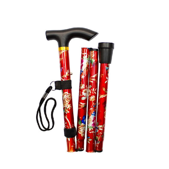 Walking Stick Folding Metal 33-37' - Red With Floral Design
