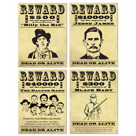 Wanted cardboard Western posters x4