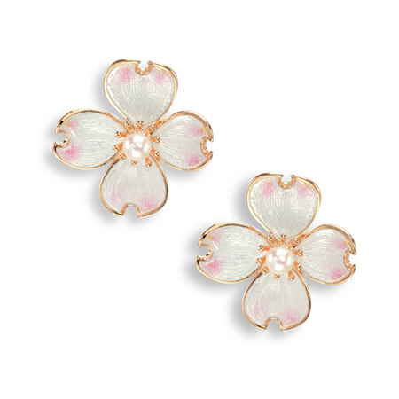 White Enamel Akoya Pearl Flower Earrings Rose Gold