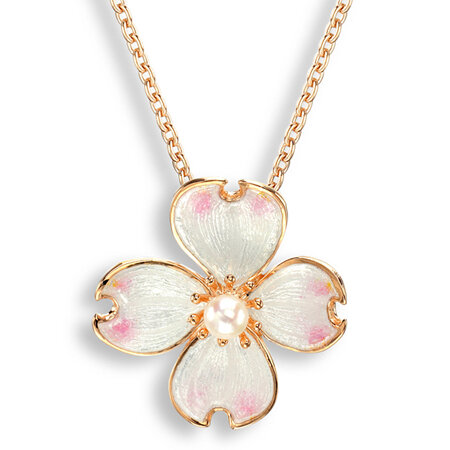 White Enamel Akoya Pearl Flower Necklace in Rose Gold