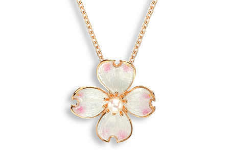 White Enamel Akoya Pearl Flower Necklace in Rose Gold