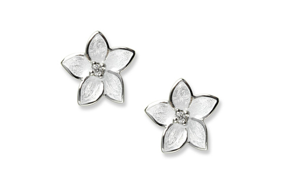 White enamel and diamond stephanotis flower earrings