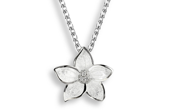 White enamel and diamond stephanotis flower necklace