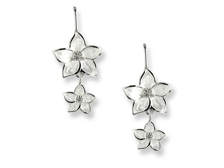 White Enamel Diamond Flower Double Drop Earrings