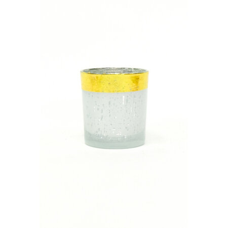 White/silver crackle design votive with gold band