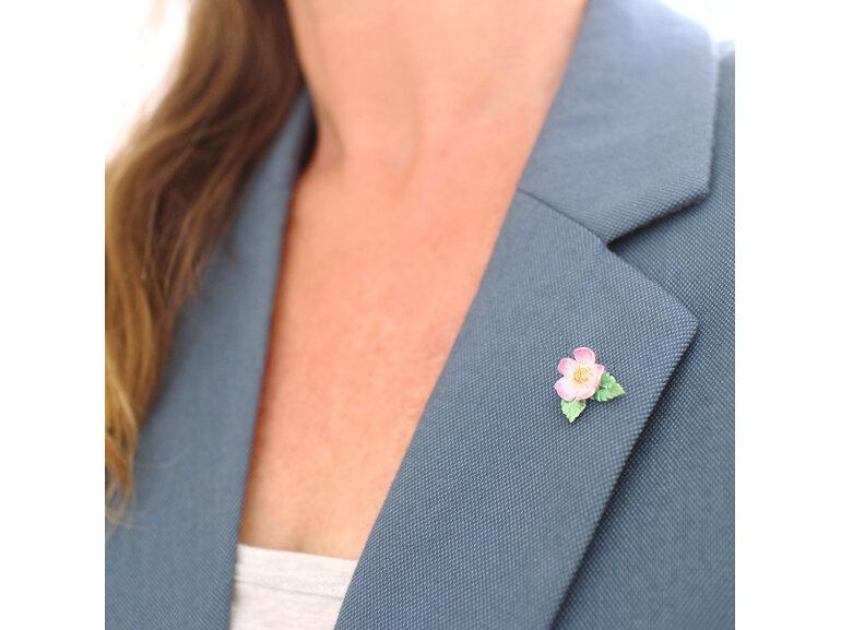 wild rose flower leaves pink silver lapel pin brooch wedding lilygriffin nz