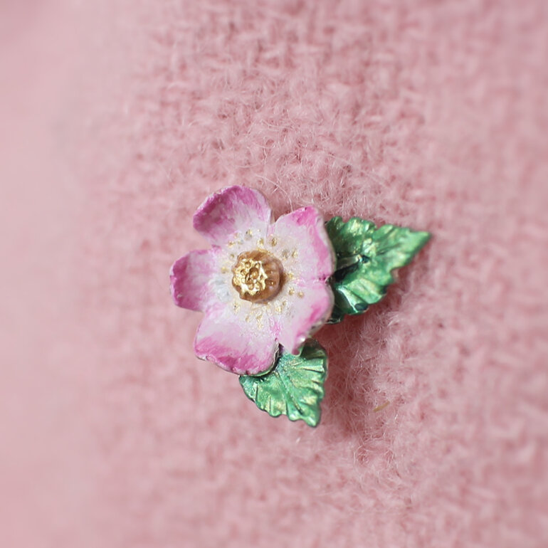 wild rose flower pink  handmade sterling silver brooch lily griffin nz jeweller
