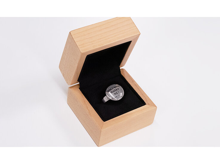 Wilshi Button Proposal Ring in handmade natural wooden box