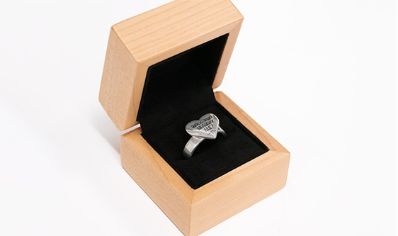 Wilshi Heart Proposal Ring in a natural wooden box
