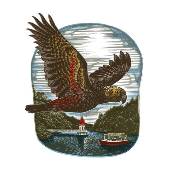 Wolfkamp & Stone - Kaka At Zealandia Card parrot woodcut