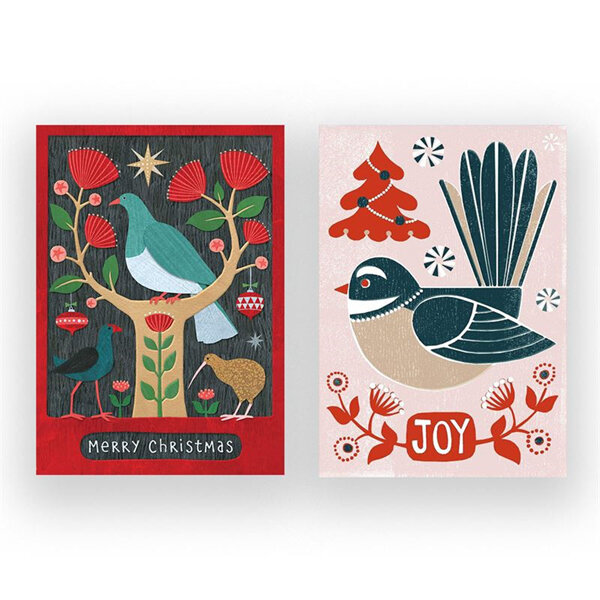 Wolfkamp & Stone - Kereru In Tree & Fantail Tree 8 Christmas Notecards