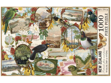 Wolfkamp & Stone - NZ Birds & Vintage Postcards - 1000 Piece Jigsaw Puzzle