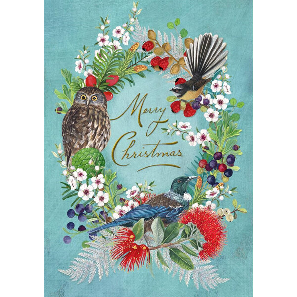 Wolfkamp & Stone - NZ Merry Christmas Wreath Birds Card