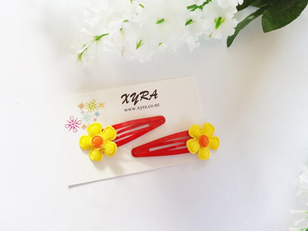 Yellow Flower in Red Snap Hair Clips