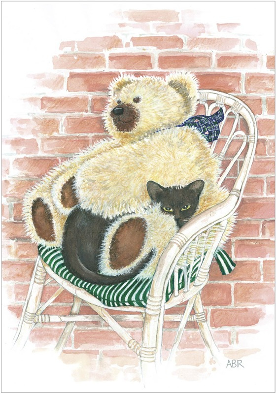 Young seal-brown burmese cat nestles in arms of big Teddy Bear in cane chair